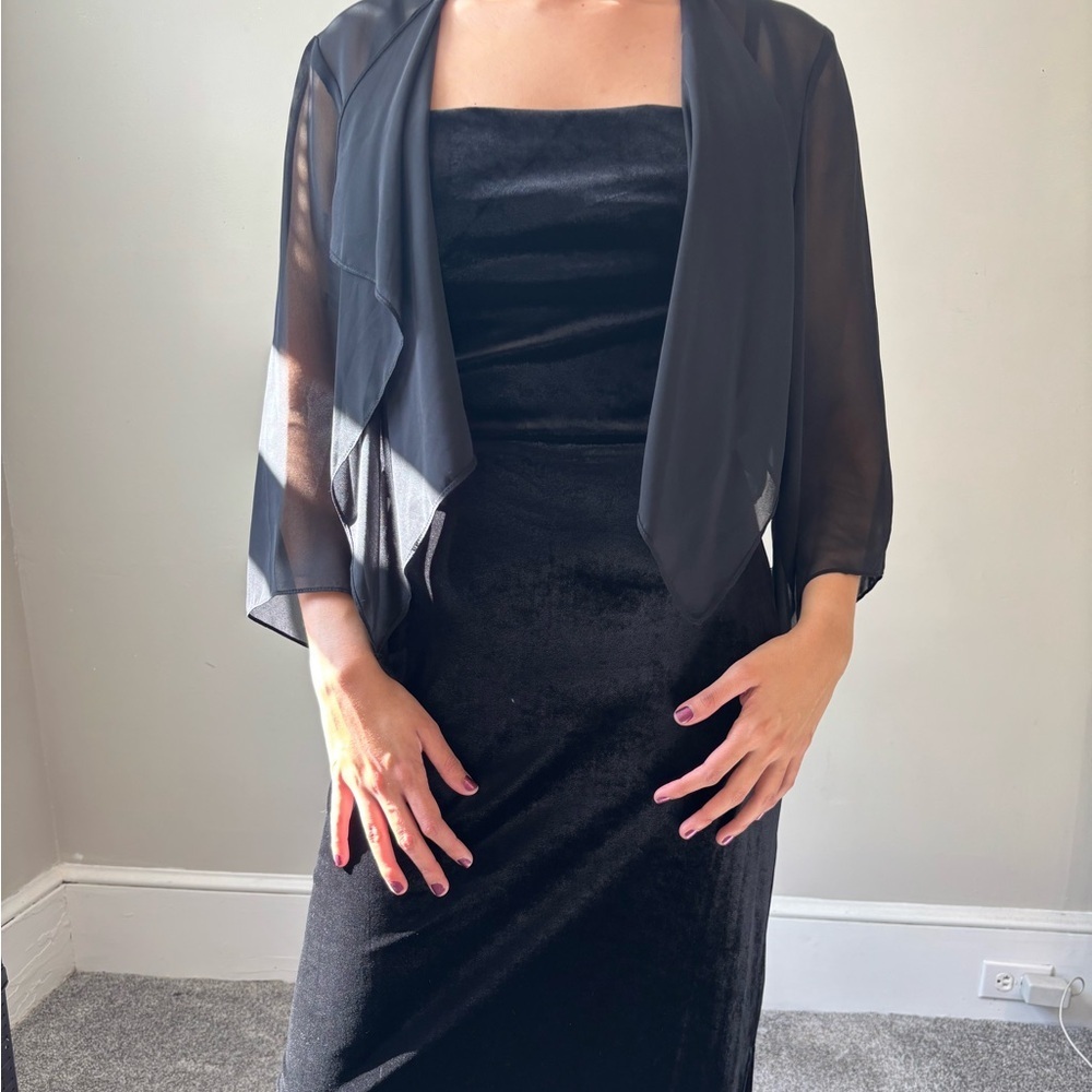 Whimsical Y2K 2 Piece Set Black Maxi Velvet Strappy Dress Ruffle Sheer Top Small